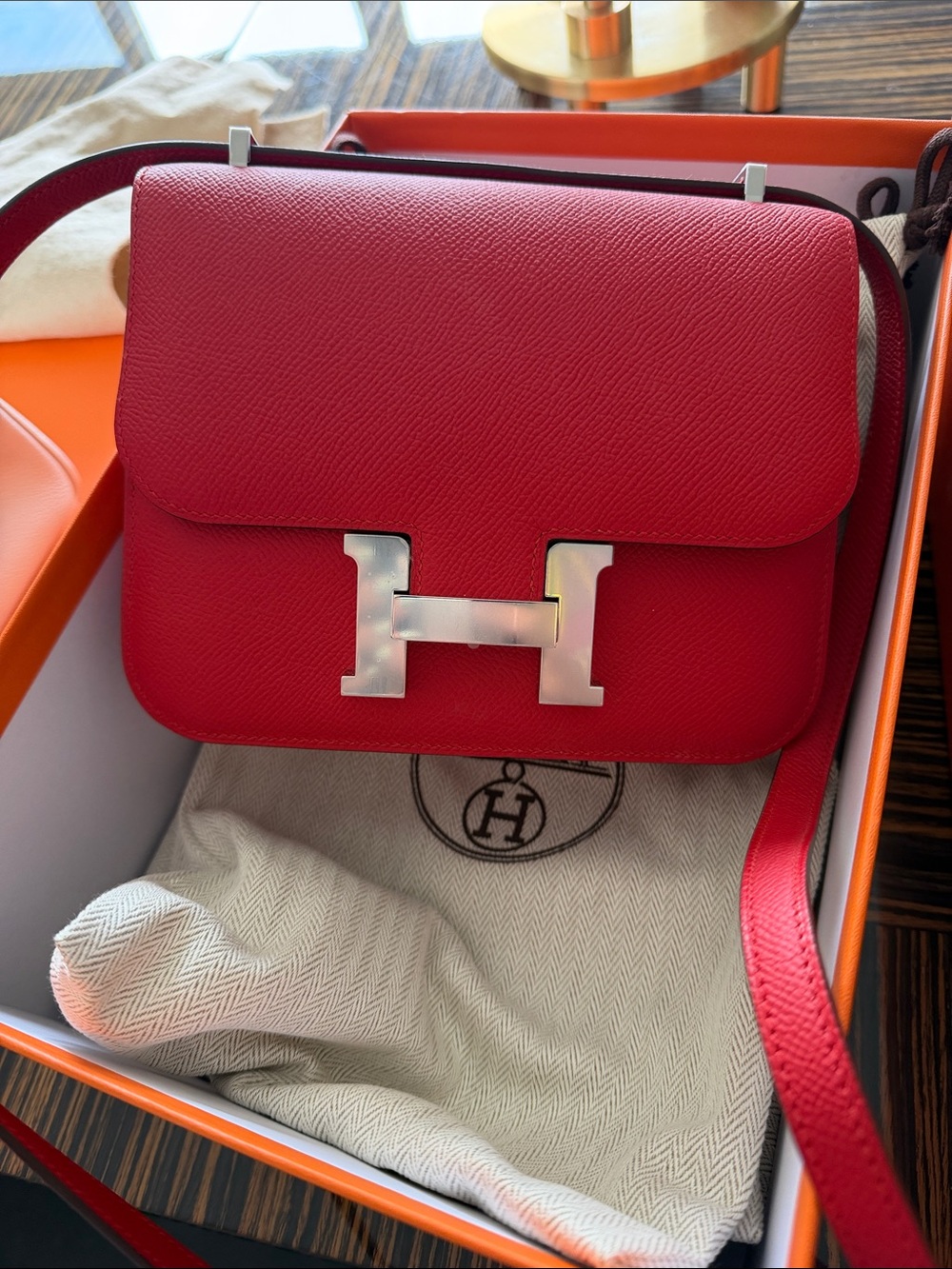 Hermes Constance Mini Crossbody in Rouge Red with Palladium H